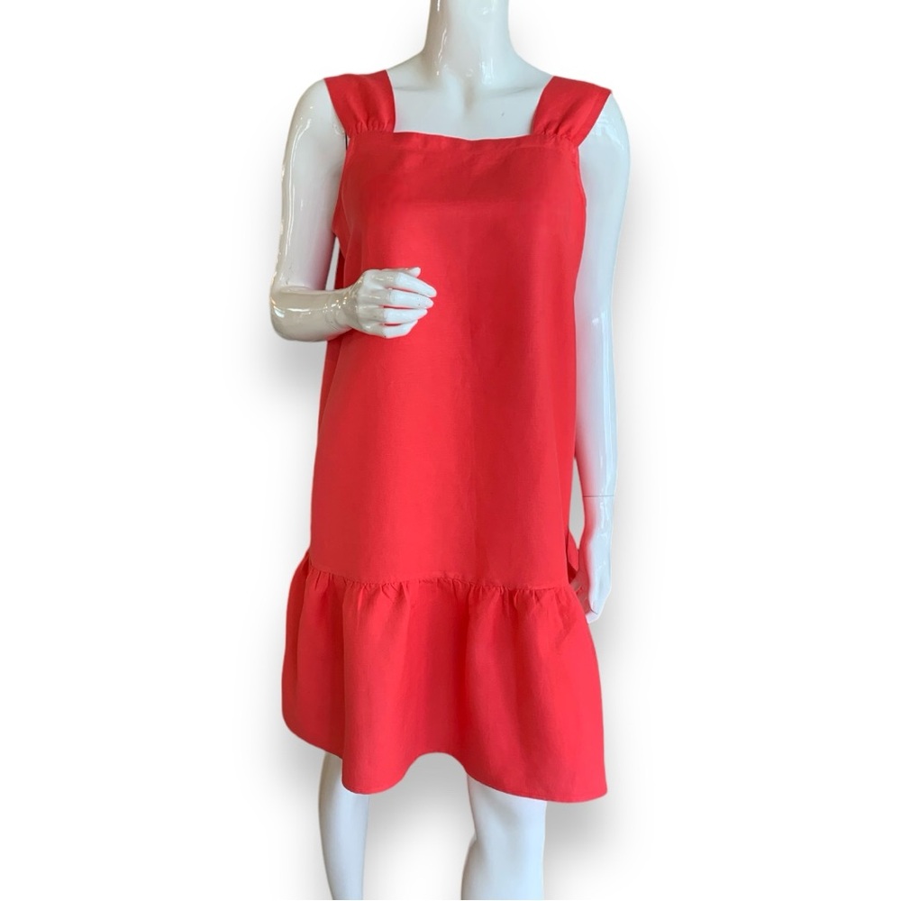 LOFT LINEN BLEND BRIGHT CORAL SUNDRESS WITH PEPLUM HEM. WOMEN’S SIZE MEDIUM